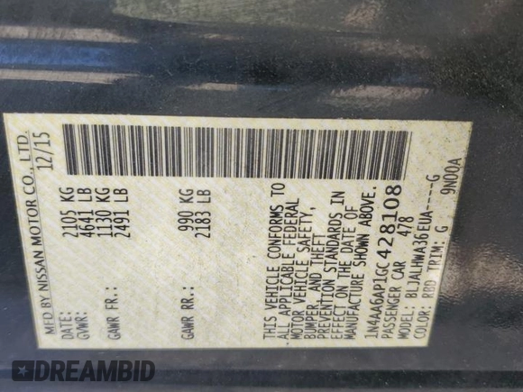 2016 Nissan Maxima SR with VIN 1N4AA6AP1GC428108, listed as a Copart auction lot 57221335 with 90,473 mi miles and Salvage title. Bid and sale history available at DreamBid. Image 13.
