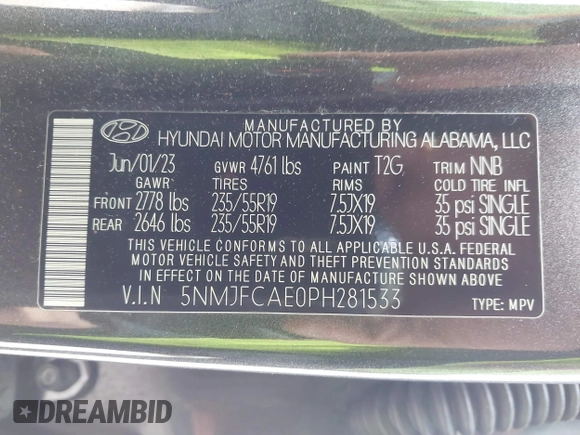 2023 Hyundai Tucson SEL with VIN 5NMJFCAE0PH281533, listed as a IAAI auction lot 41738468 with 36,881 mi miles and . Bid and sale history available at DreamBid. Image 9.