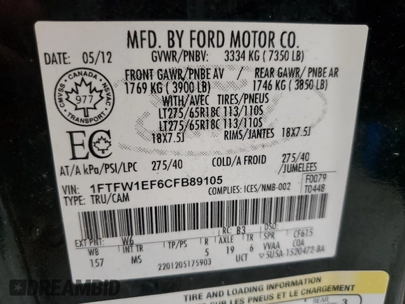 2012 Ford F-150 XL with VIN 1FTFW1EF6CFB89105, listed as a Copart auction lot 58137015 with 170,808 mi miles and Clean title. Bid and sale history available at DreamBid. Image 12.