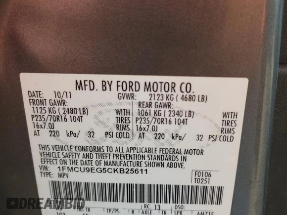 2012 Ford Escape Limited с VIN 1FMCU9EG5CKB25611, выставлен на аукционе Copart как лот 59855135 с пробегом 123 265 миль миль и Списание • Salvage title. История ставок и продаж доступна на DreamBid. Изображение 13.