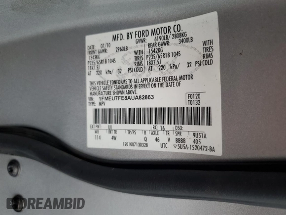 2010 Ford Explorer Limited с VIN 1FMEU7FE8AUA82863, выставлен на аукционе Copart как лот 61164515 с пробегом 141 714 миль миль и Списание • Salvage title. История ставок и продаж доступна на DreamBid. Изображение 13.