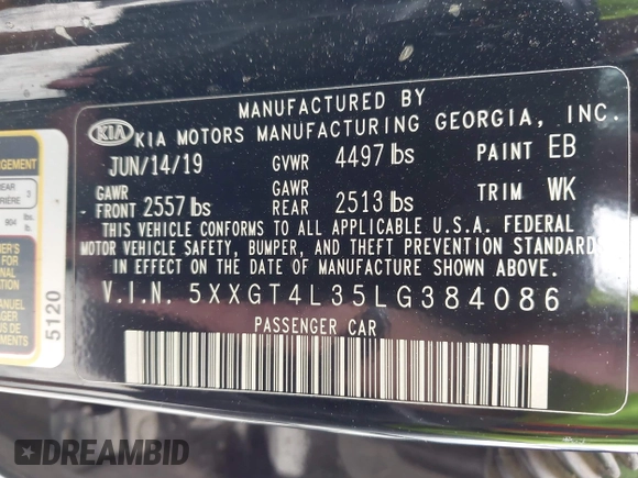 2020 Kia Optima LX with VIN 5XXGT4L35LG384086, listed as a IAAI auction lot 42319644 with 124,816 mi miles and . Bid and sale history available at DreamBid. Image 9.