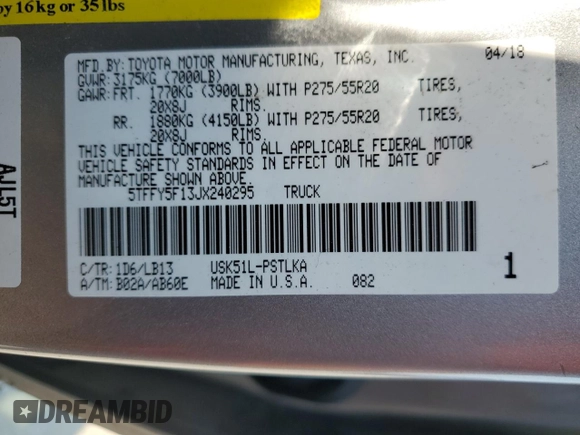2018 Toyota Tundra 2WD SR5 with VIN 5TFFY5F13JX240295, listed as a Copart auction lot 74217104 with 83,076 mi miles and Salvage Title. Bid and sale history available at carsss.com. Image 12.