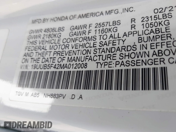 2021 Acura TLX Technology with VIN 19UUB5F42MA012008, listed as a IAAI auction lot 42154951 with 34,876 mi miles and . Bid and sale history available at DreamBid. Image 9.