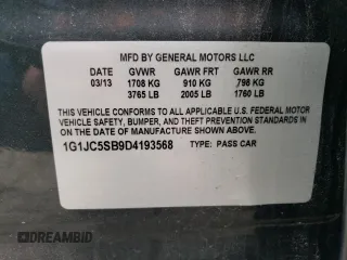 2013 Chevrolet Sonic LT with VIN 1G1JC5SB9D4193568, listed as a Copart auction lot 48080025 with 97,370 mi miles and Salvage Title. Bid and sale history available at DreamBid. Image 14.