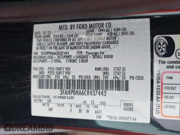 2012 Ford Fusion SE with VIN 3FAHP0HA6CR437443, listed as a IAAI auction lot 42177568 with 219,595 mi miles and . Bid and sale history available at DreamBid. Image 9.