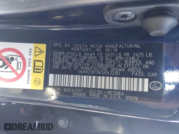 2019 Lexus ES 350 with VIN 58ABZ1B13KU043290, listed as a IAAI auction lot 41694086 with 72,984 mi miles and . Bid and sale history available at DreamBid. Image 9.