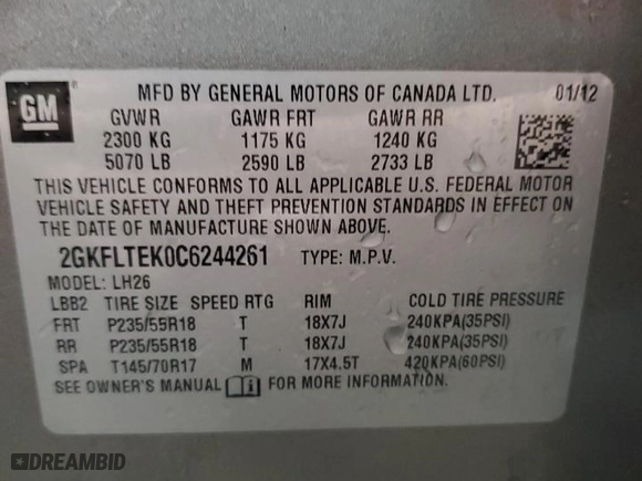 2012 GMC Terrain SLE-2 with VIN 2GKFLTEK0C6244261, listed as a Copart auction lot 50334635 with 81,647 mi miles and Salvage Title. Bid and sale history available at carsss.com. Image 14.