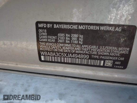 2018 BMW 3 Series 320i xDrive z VIN WBA8A3C5XJA494899, wystawiony jako IAAI lot #42092150 z przebiegiem 60 884 mil mil oraz . Historia ofert i sprzedaży dostępna na DreamBid. Obrazek 9.