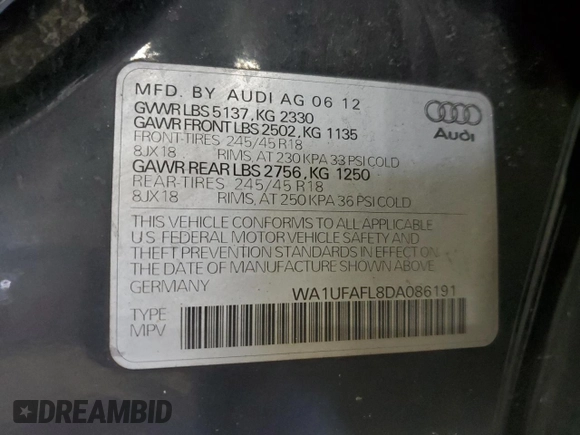 2013 Audi allroad Premium Plus with VIN WA1UFAFL8DA086191, listed as a Copart auction lot 86245324 with 135,260 mi miles and Salvage Title. Bid and sale history available at carsss.com. Image 13.