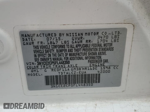 2015 Nissan Note S Plus with VIN 3N1CE2CP5FL448350, listed as a Copart auction lot 54602025 with 156,124 mi miles and Clean Title. Bid and sale history available at DreamBid. Image 12.