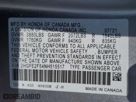 2022 Honda Civic Sport z VIN 2HGFE2F54NH515517, wystawiony jako Copart lot #54695585 z przebiegiem Nie podano mil oraz Szkoda całkowita • Salvage title. Historia ofert i sprzedaży dostępna na DreamBid. Obrazek 13.