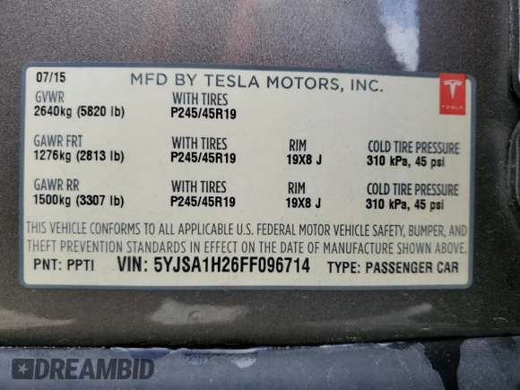 2015 Tesla Model S 85D with VIN 5YJSA1H26FF096714, listed as a Copart auction lot 51710505 with 83,119 mi miles and Salvage Title. Bid and sale history available at carsss.com. Image 13.