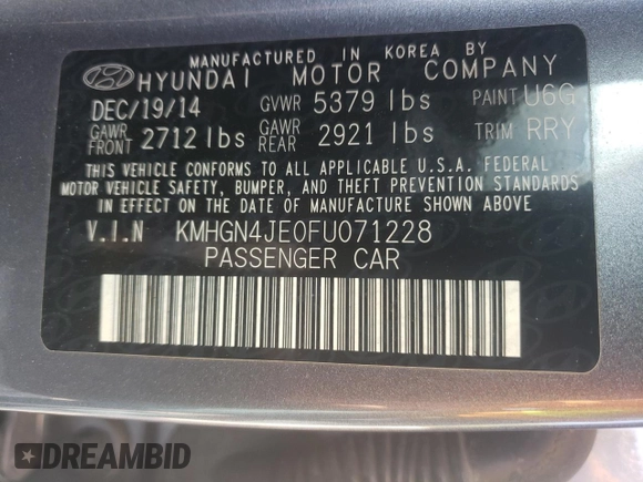 2015 Hyundai Genesis 3.8L with VIN KMHGN4JE0FU071228, listed as a Copart auction lot 52076305 with 34,557 mi miles and Salvage Title. Bid and sale history available at DreamBid. Image 12.