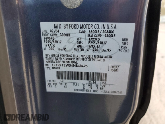 2004 Ford F-150 XL z VIN 1FTRF12W54NB48425, wystawiony jako Copart lot #53709745 z przebiegiem 104 456 mil mil oraz Szkody całkowita. Historia ofert i sprzedaży dostępna na DreamBid. Obrazek 12.