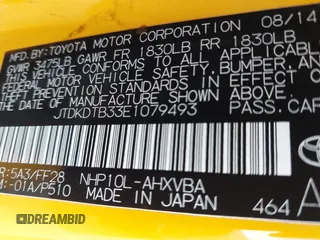 2014 Toyota Prius One with VIN JTDKDTB33E1079493, listed as a IAAI auction lot 41712212 with 110,309 mi miles and . Bid and sale history available at DreamBid. Image 9.