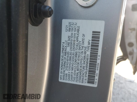 2022 Honda Odyssey Touring with VIN 5FNRL6H89NB048701, listed as a Copart auction lot 45966515 with Not provided miles and Salvage title. Bid and sale history available at DreamBid. Image 15.