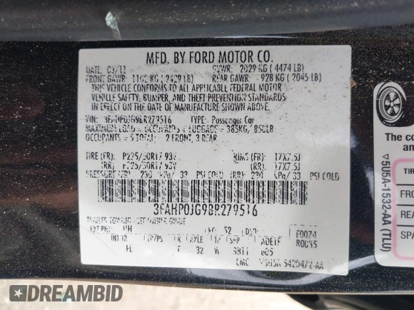 2011 Ford Fusion SEL with VIN 3FAHP0JG9BR279516, listed as a IAAI auction lot 41895984 with 184,718 mi miles. Bid and sale history available at carsss.com. Image 9.
