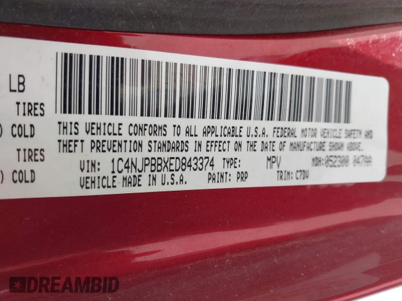 2014 Jeep Patriot Sport with VIN 1C4NJPBBXED843374, listed as a IAAI auction lot 42050067 with 155,685 mi miles. Bid and sale history available at carsss.com. Image 9.