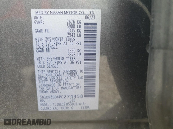 2023 Nissan Pathfinder SV z VIN 5N1DR3BD4PC274458, wystawiony jako Copart lot #56911285 z przebiegiem Nie podano mil oraz Szkoda całkowita • Salvage title. Historia ofert i sprzedaży dostępna na DreamBid. Obrazek 13.