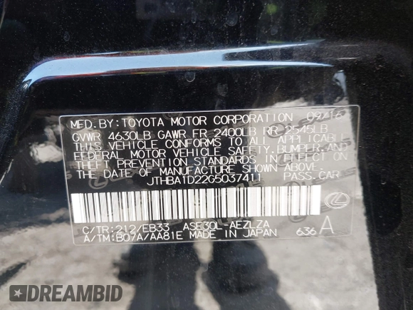 2016 Lexus IS 200t with VIN JTHBA1D22G5037411, listed as a IAAI auction lot 42528984 with 99,694 mi miles and . Bid and sale history available at DreamBid. Image 9.