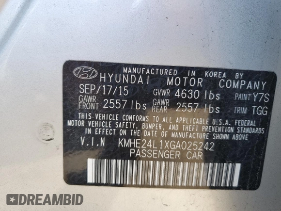 2016 Hyundai Sonata Hybrid SE with VIN KMHE24L1XGA025242, listed as a Copart auction lot 47191383 with 57,688 mi miles. Bid and sale history available at carsss.com. Image 14.