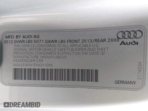 2013 Audi A5 Premium Plus with VIN WAULFAFH1DN001095, listed as a IAAI auction lot 41249488 with 69,316 mi miles. Bid and sale history available at carsss.com. Image 9.