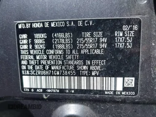 2016 Honda HR-V EX-L w/Navi with VIN 3CZRU6H71GM738455, listed as a IAAI auction lot 42017707 with 83,708 mi miles. Bid and sale history available at carsss.com. Image 9.