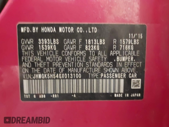 2016 Honda Fit LX with VIN JHMGK5H54GX013100, listed as a IAAI auction lot 42245685 with 129,166 mi miles and . Bid and sale history available at DreamBid. Image 9.