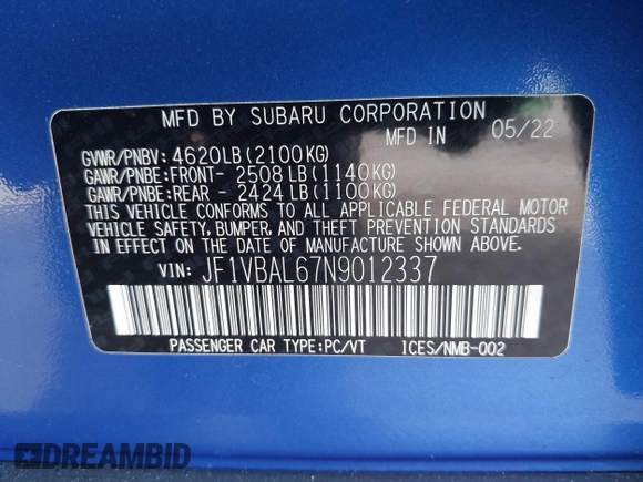 2022 Subaru WRX Limited with VIN JF1VBAL67N9012337, listed as a IAAI auction lot 42028470 with 34,996 mi miles and . Bid and sale history available at carsss.com. Image 9.