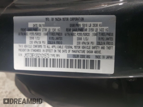 2016 Mazda CX-9 Signature with VIN JM3TCBEY2G0101573, listed as a Copart auction lot 56156985 with 126,973 mi miles and Clean title. Bid and sale history available at DreamBid. Image 14.