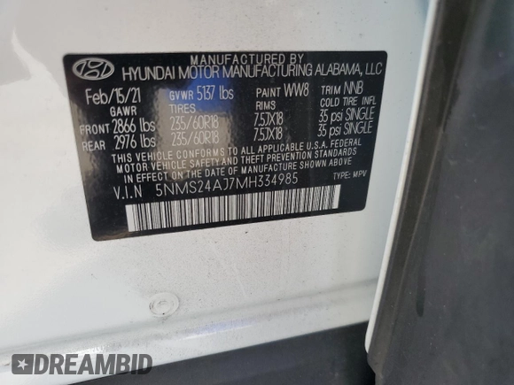 2021 Hyundai Santa Fe SEL z VIN 5NMS24AJ7MH334985, wystawiony jako Copart lot #52754525 z przebiegiem 70 348 mil mil oraz Nie do naprawy • Non repairable. Historia ofert i sprzedaży dostępna na DreamBid. Obrazek 13.