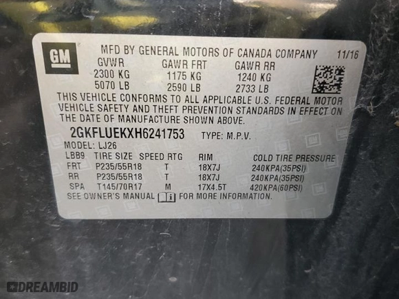 2017 GMC Terrain SLT with VIN 2GKFLUEKXH6241753, listed as a Copart auction lot 48865965 with 166,710 mi miles and Clean Title. Bid and sale history available at carsss.com. Image 13.