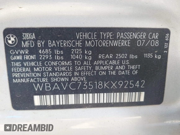 2008 BMW 3 Series 328xi with VIN WBAVC73518KX92542, listed as a IAAI auction lot 42494583 with 152,138 mi miles and . Bid and sale history available at DreamBid. Image 9.