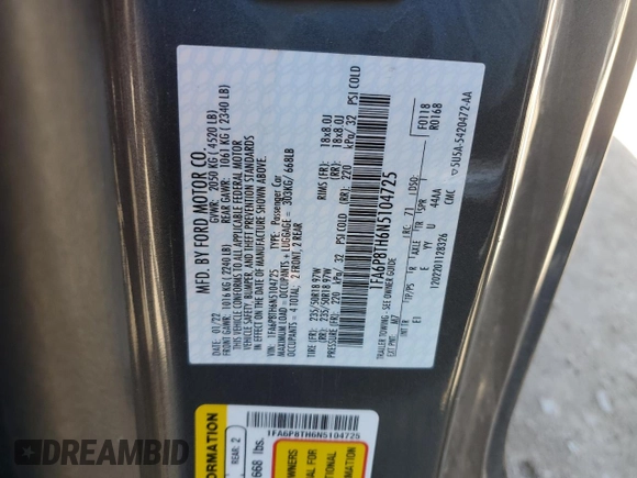 2022 Ford Mustang EcoBoost with VIN 1FA6P8TH6N5104725, listed as a Copart auction lot 46689865 with 48,796 mi miles and Salvage title. Bid and sale history available at DreamBid. Image 13.