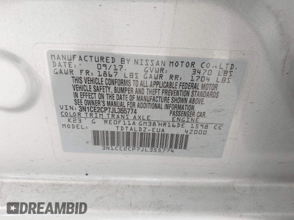 2018 Nissan Note SV with VIN 3N1CE2CP7JL355774, listed as a IAAI auction lot 42494190 with 67,047 mi miles and . Bid and sale history available at DreamBid. Image 9.