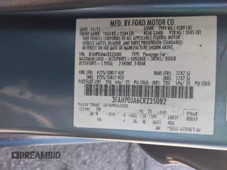 2012 Ford Fusion SEL with VIN 3FAHP0JA6CR235082, listed as a IAAI auction lot 41973087 with 154,166 mi miles. Bid and sale history available at carsss.com. Image 9.