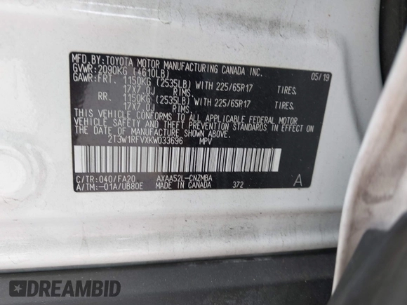 2019 Toyota RAV4 XLE with VIN 2T3W1RFVXKW033696, listed as a IAAI auction lot 42044151 with 126,872 mi miles and . Bid and sale history available at DreamBid. Image 9.