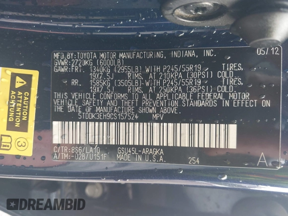 2012 Toyota Highlander Limited with VIN 5TDDK3EH9CS157524, listed as a IAAI auction lot 42340448 with Not provided miles and . Bid and sale history available at DreamBid. Image 9.