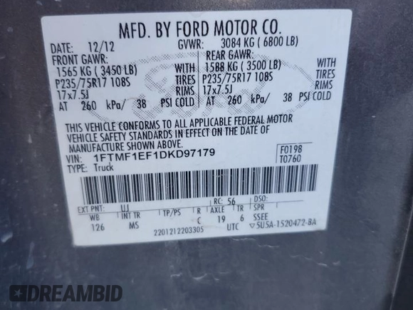 2013 Ford F-150 XL with VIN 1FTMF1EF1DKD97179, listed as a Copart auction lot 74531024 with Not Provided miles and Salvage Title. Bid and sale history available at DreamBid. Image 12.