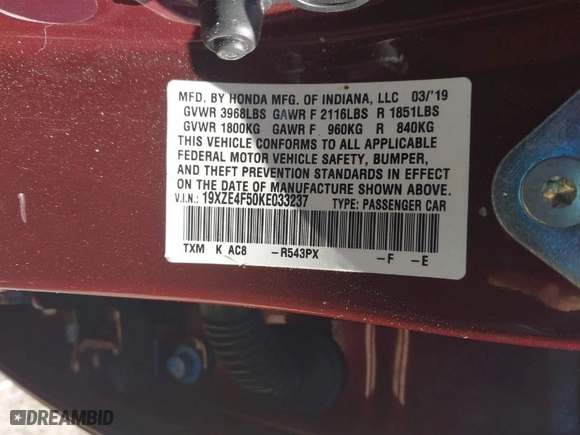 2019 Honda Insight EX with VIN 19XZE4F50KE033237, listed as a IAAI auction lot 41776272 with 80,780 mi miles. Bid and sale history available at carsss.com. Image 9.