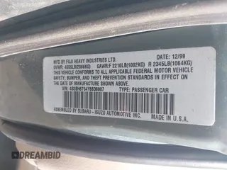 2000 Subaru Legacy Outback with VIN 4S3BH6754Y6636807, listed as a IAAI auction lot 42553174 with Not provided miles and . Bid and sale history available at DreamBid. Image 9.