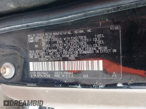 2006 Toyota Tundra SR5 with VIN 5TBET34136S555413, listed as a IAAI auction lot 41050174 with 1 mi miles. Bid and sale history available at carsss.com. Image 9.