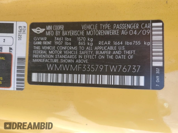 2009 MINI Hardtop with VIN WMWMF33579TW76737, listed as a Copart auction lot 55224655 with 116,106 mi miles and Salvage Title. Bid and sale history available at DreamBid. Image 13.