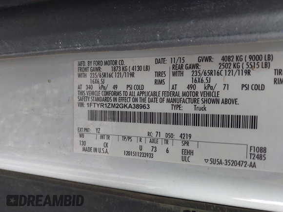 2016 Ford Transit Cargo with VIN 1FTYR1ZM2GKA38963, listed as a IAAI auction lot 42027447 with 70,659 mi miles and . Bid and sale history available at DreamBid. Image 9.