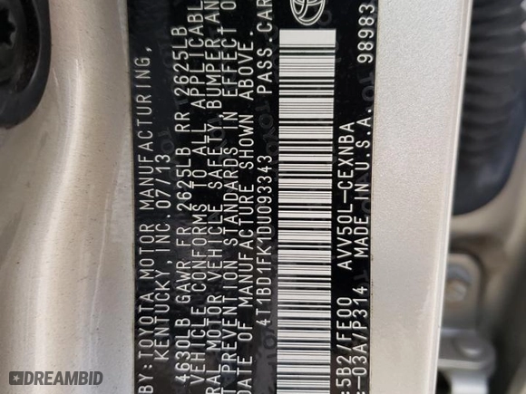 2013 Toyota Camry Hybrid LE with VIN 4T1BD1FK1DU093343, listed as a Copart auction lot 48204095 with 78,075 mi miles and Salvage Title. Bid and sale history available at carsss.com. Image 14.