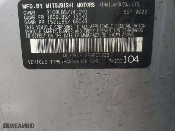 2023 Mitsubishi Mirage G4 ES with VIN ML32FUFJ2PHF01228, listed as a Copart auction lot 45595145 with 95,103 mi miles and Non Repairable. Bid and sale history available at carsss.com. Image 13.