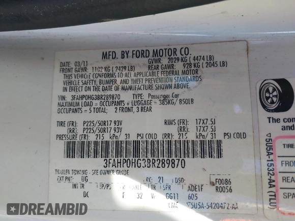 2011 Ford Fusion SE with VIN 3FAHP0HG3BR289870, listed as a IAAI auction lot 41853874 with 149,881 mi miles. Bid and sale history available at carsss.com. Image 9.