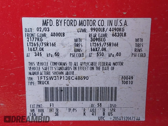 2003 Ford F-350 XL z VIN 1FTSW31P13EC48690, wystawiony jako IAAI lot #42100194 z przebiegiem Nie podano mil oraz . Historia ofert i sprzedaży dostępna na DreamBid. Obrazek 9.