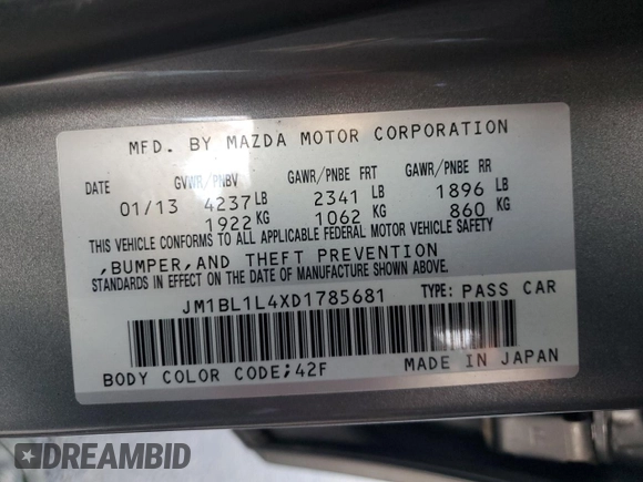 2013 Mazda 3 Mazdaspeed3 Touring with VIN JM1BL1L4XD1785681, listed as a Copart auction lot 42771785 with 60,718 mi miles and Salvage Title. Bid and sale history available at DreamBid. Image 14.